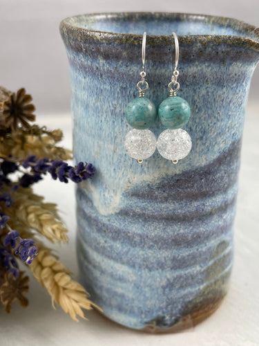 African Amazonite and Cracked Rock Crystal Earrings