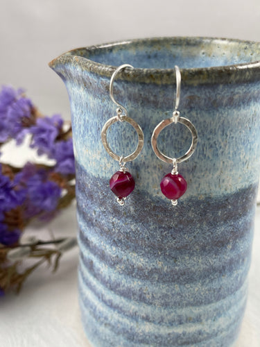 Hammered Ring and Pink Agate Earrings